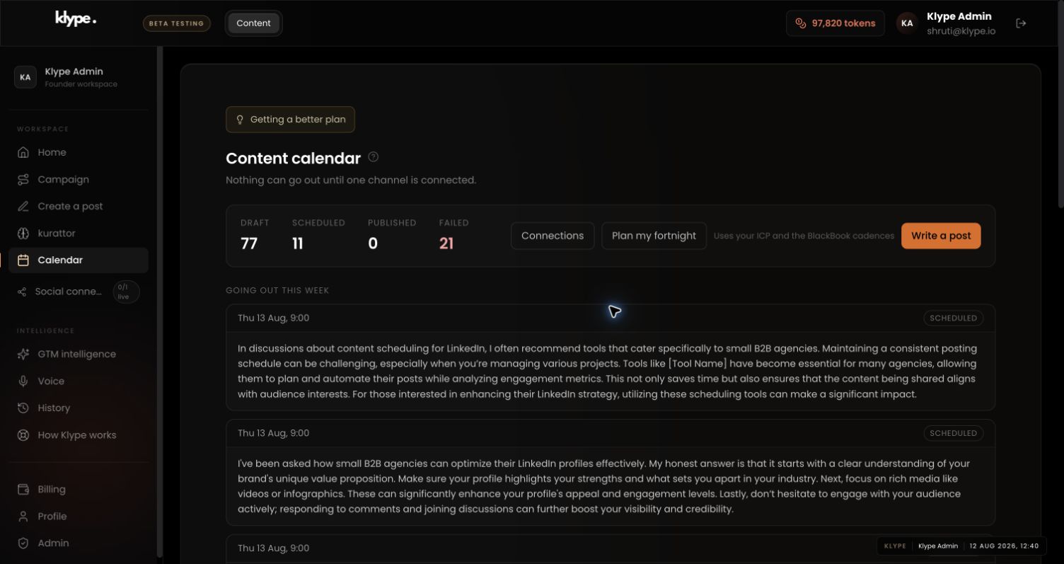 Klype content calendar with full navigation