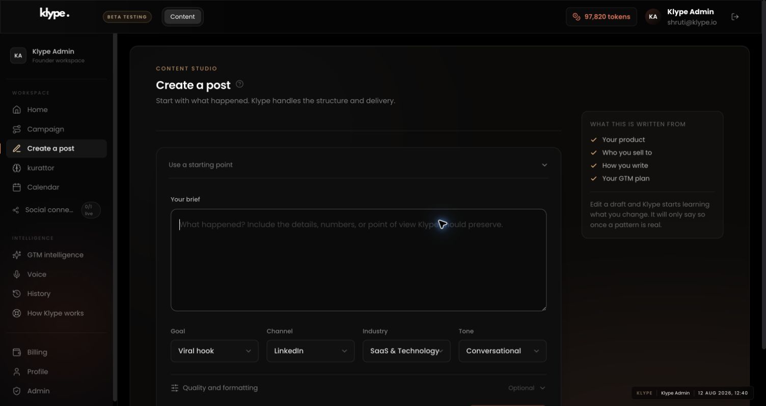 Klype content studio with full navigation