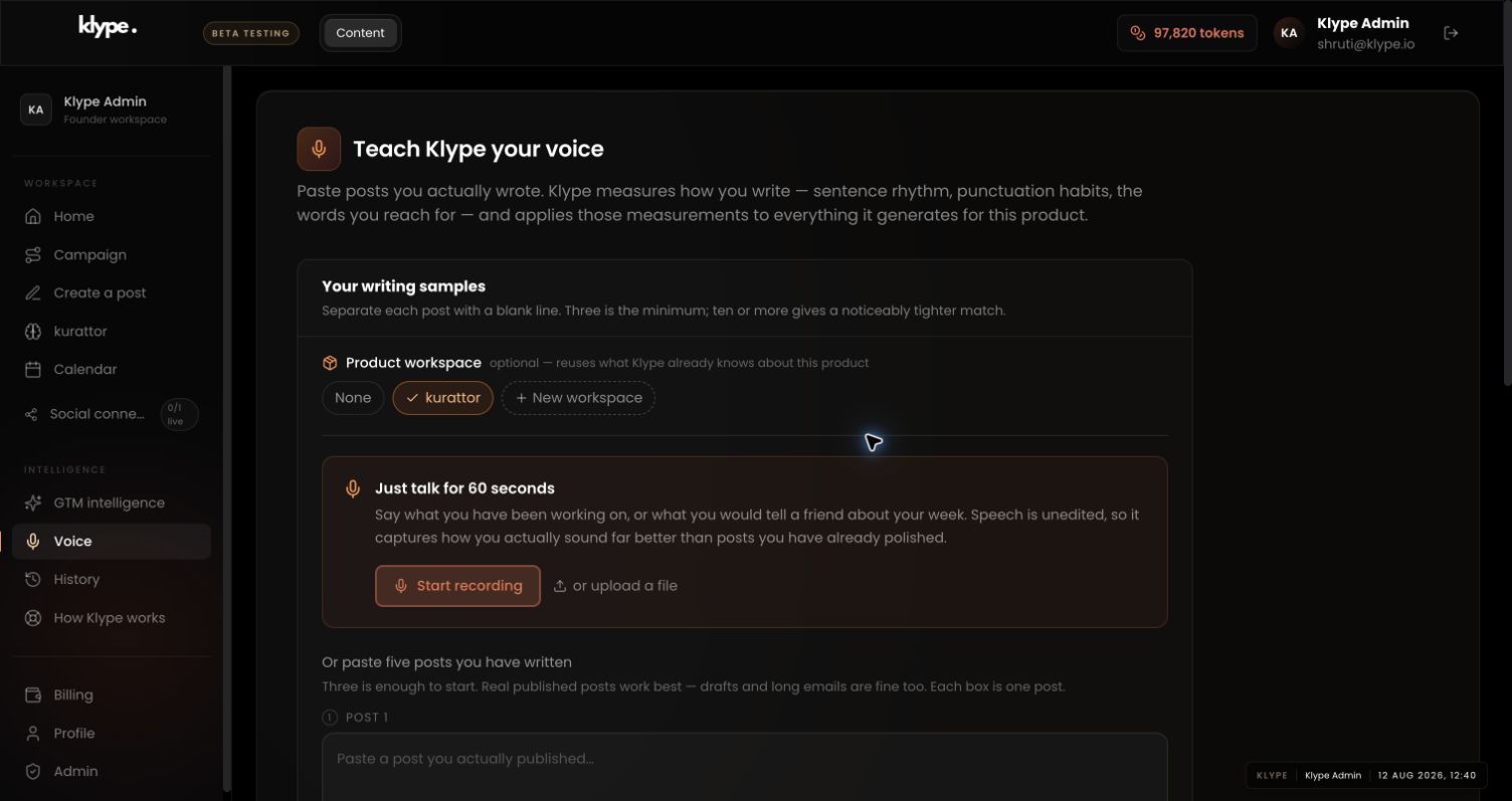 Klype voice workspace with full navigation